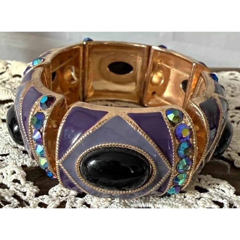 Vintage Gold Tone Purple Enamel Bangle Bracelet w/Blue Round Crystal Rhinestones